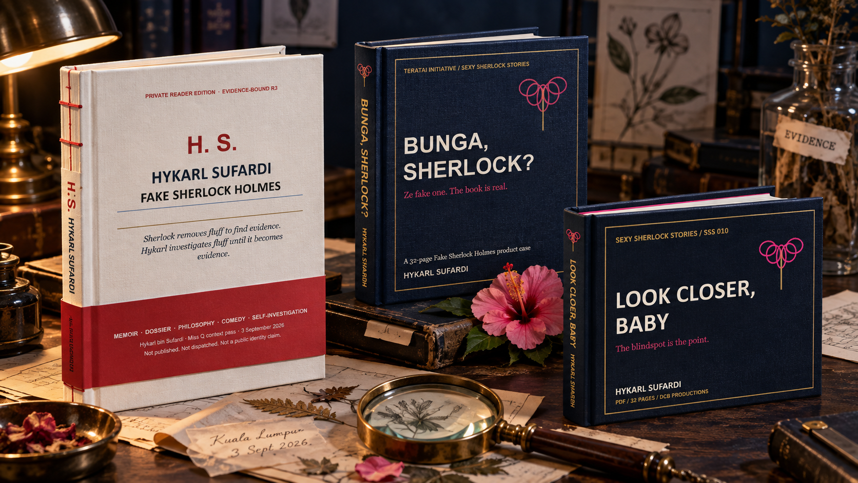 Three distinct case-file hardcover editions on a midnight evidence desk with flowers and a magnifying glass.