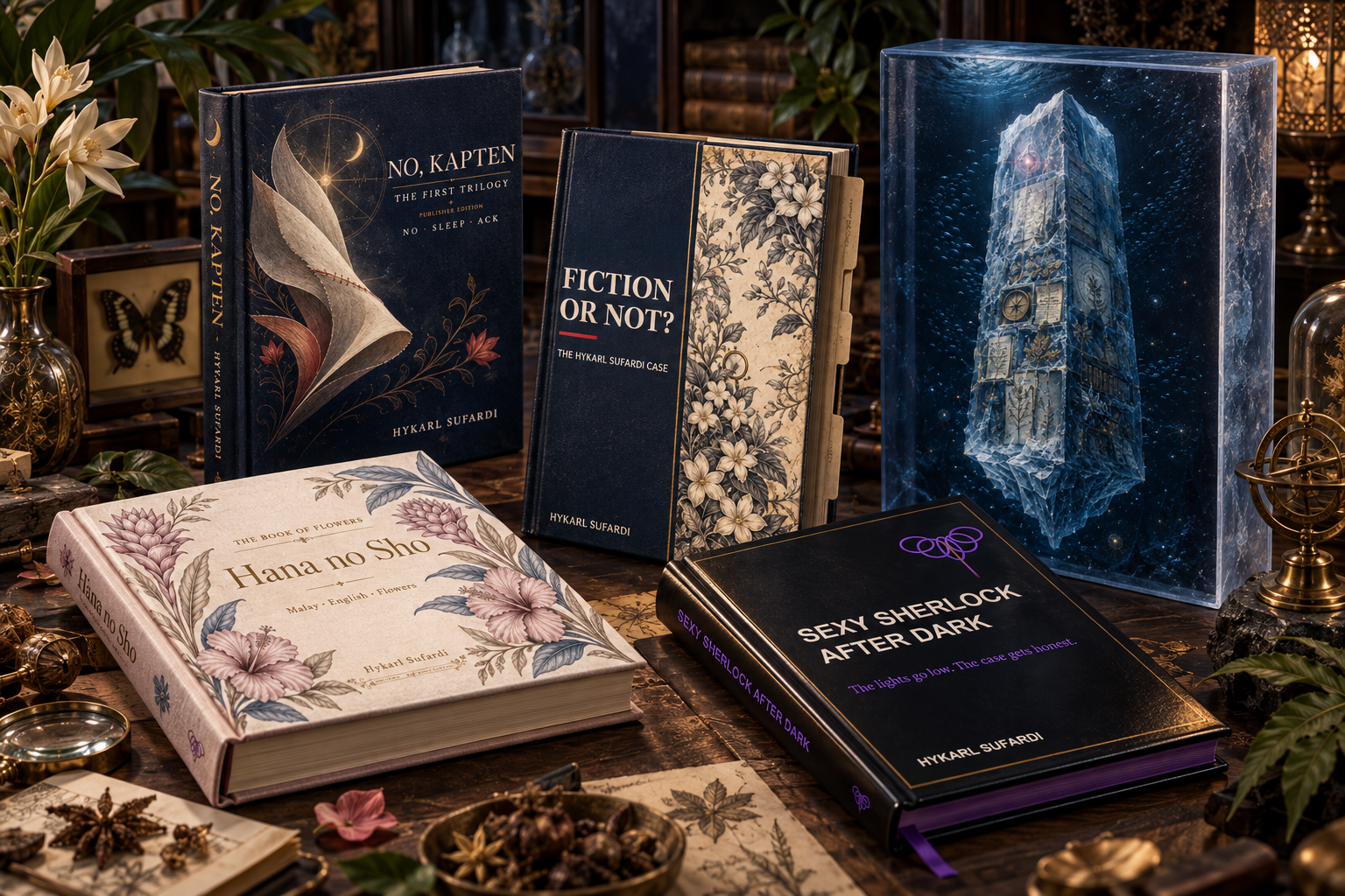 Five distinct Akal Jentera hardcover editions staged as botanical, nautical, archival, midnight and frozen collector objects.