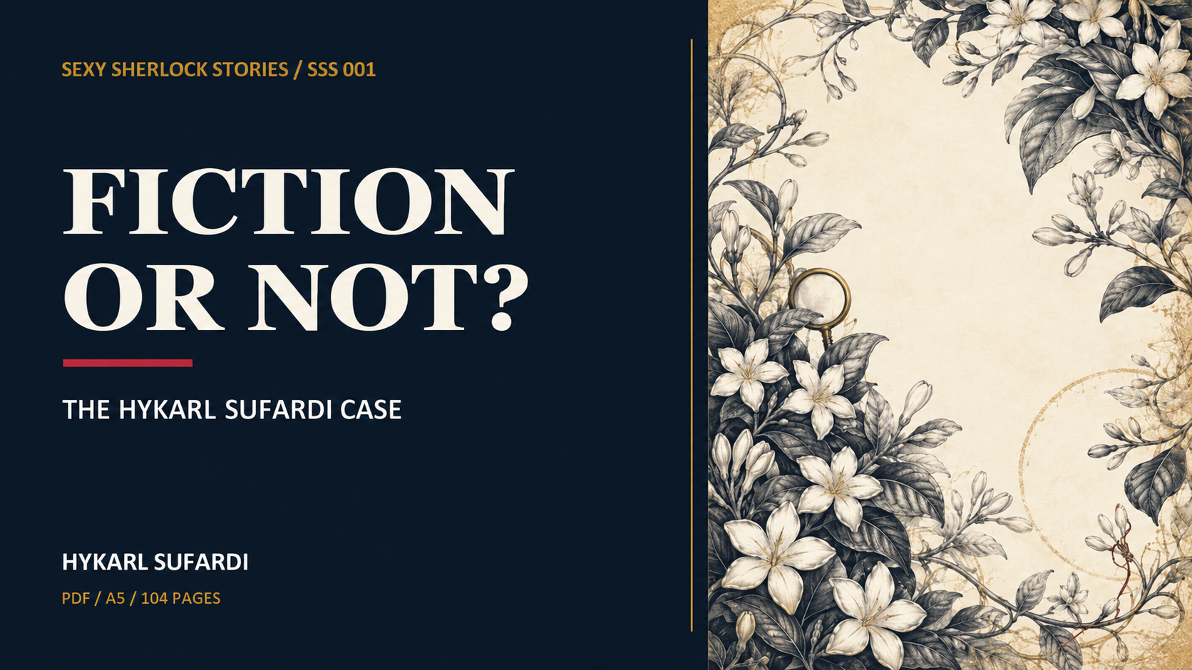 Fiction or Not origin-file cover in deep indigo beside a cream botanical evidence panel with a magnifying glass.