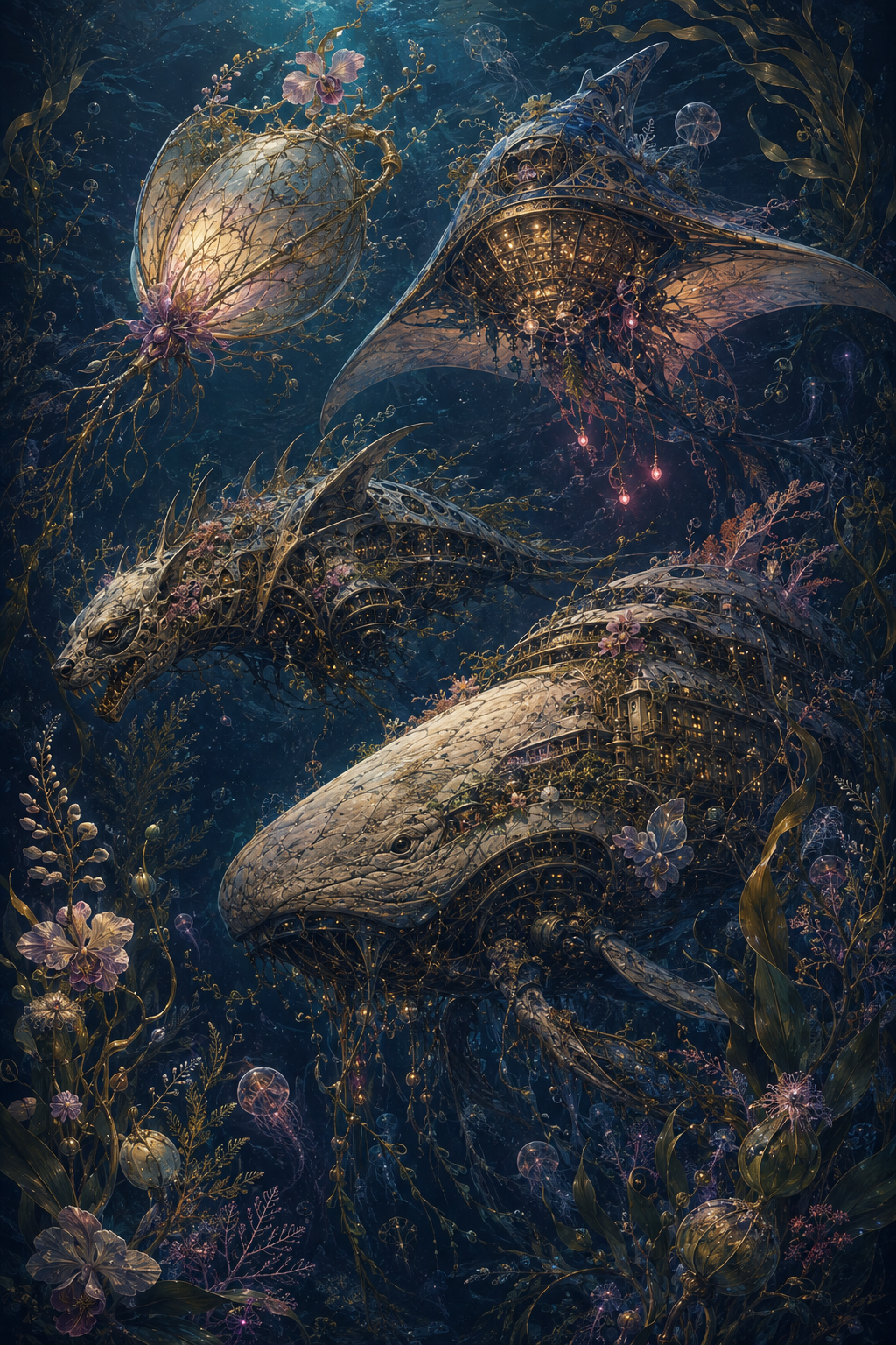 Four enormous botanical biomechanical ships migrate through a bioluminescent pelagic garden.