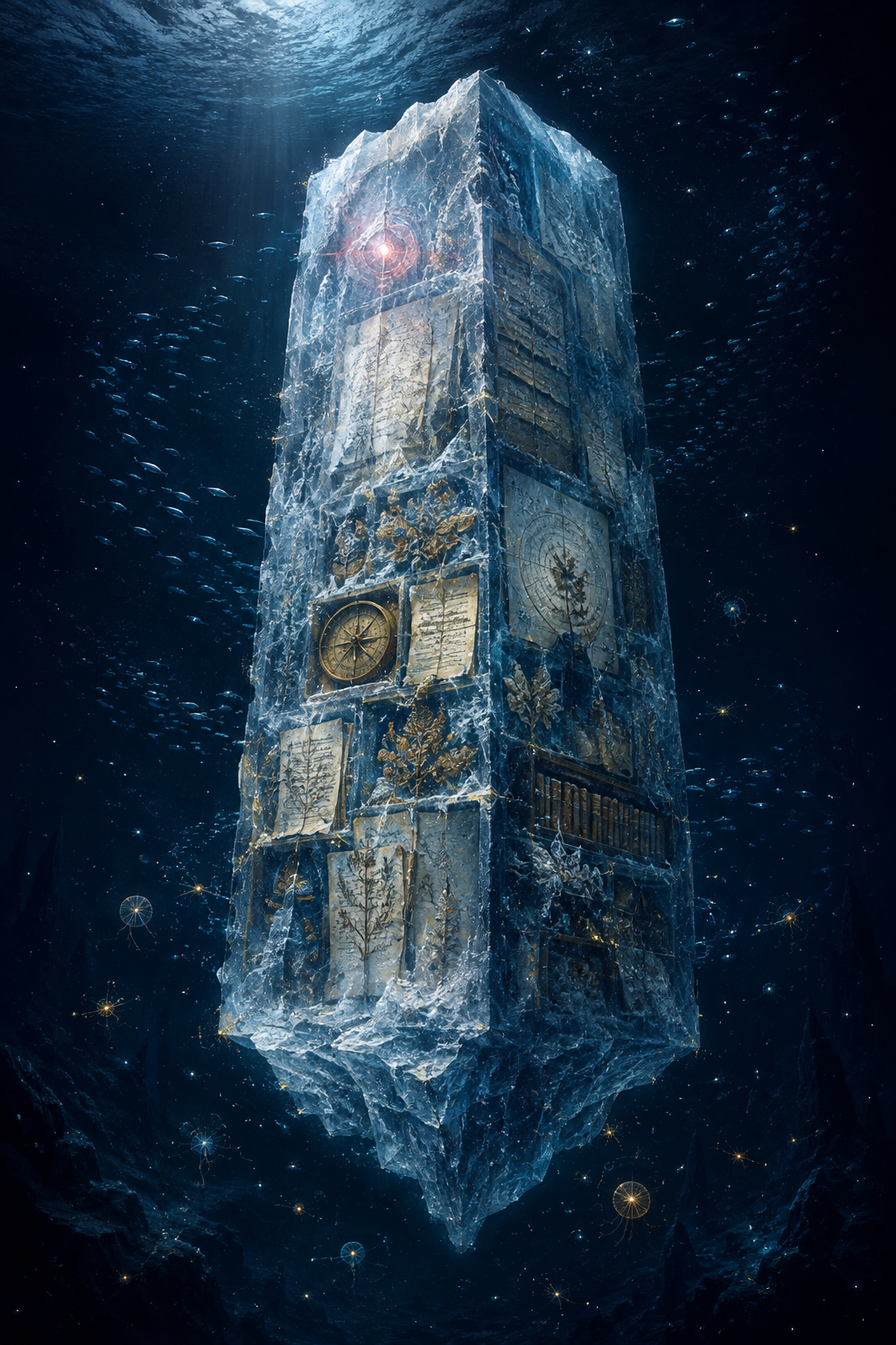 A towering frozen archive monolith suspended in a deep indigo ocean among small shoals and glowing plankton.