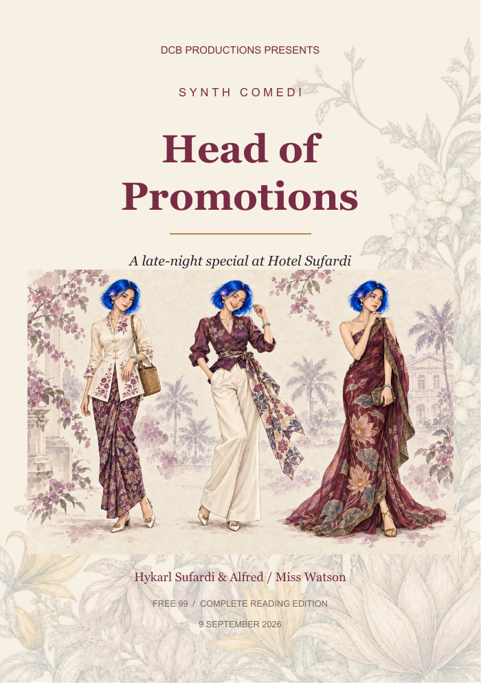 Head of Promotions, a Synth Comedi late-night special. Miss Watson in three batik outfits on the botanical Free 99 cover.