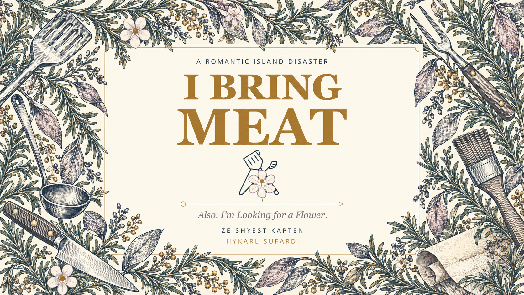 Landscape I Bring Meat cover framed by engraved kitchen utensils, foliage and small white flowers.